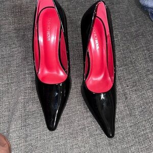 Fashion Nova Black Patent Pointed Toe Pumps with Red Insole